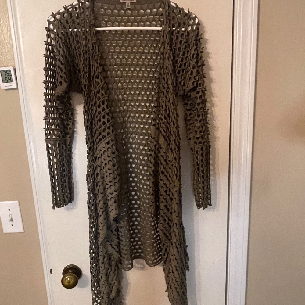 Linea Domani Olive Green Waterfall Perforated Cut Jacket Bohemian Chic Layer S/P